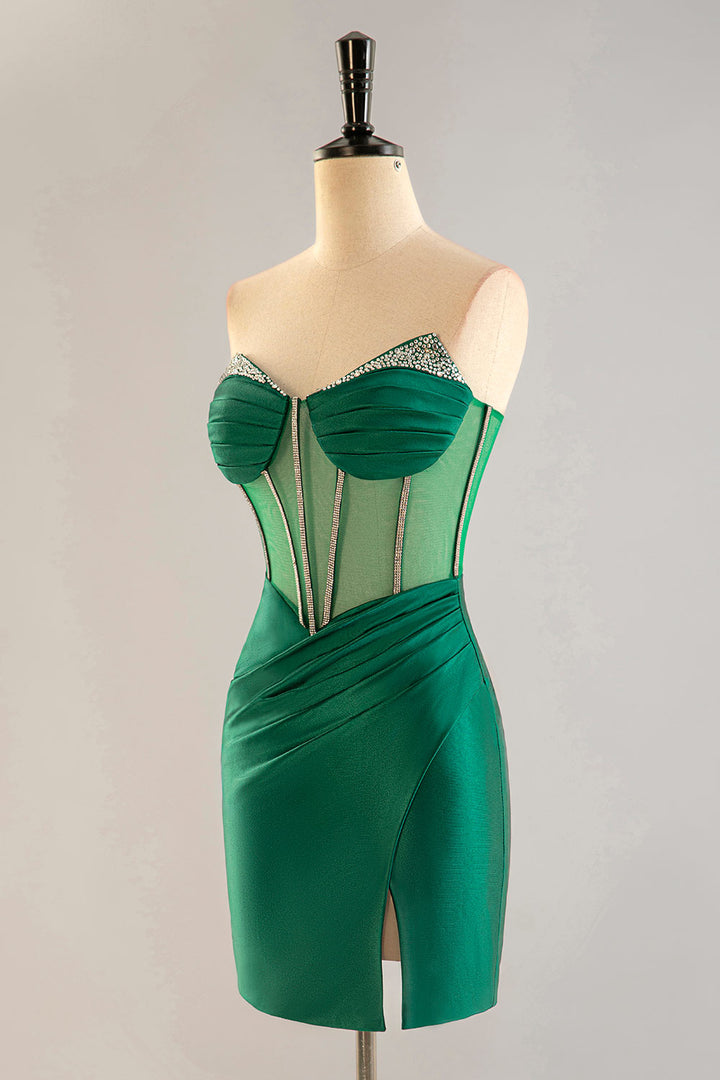 Strapless Sheer Corset Bodice Homecoming Dress with Beading