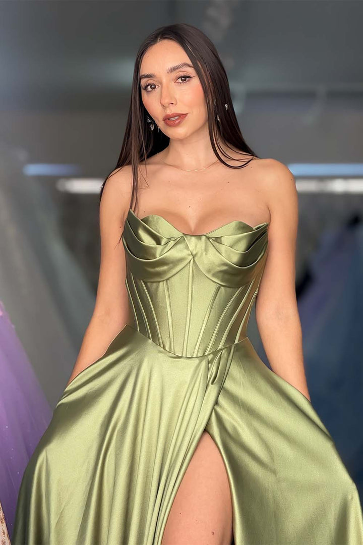 Strapless Hight Slit Corset Prom Gown