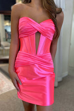 Load image into Gallery viewer, Sheath Strapless Bright Pink Homecoming Dress
