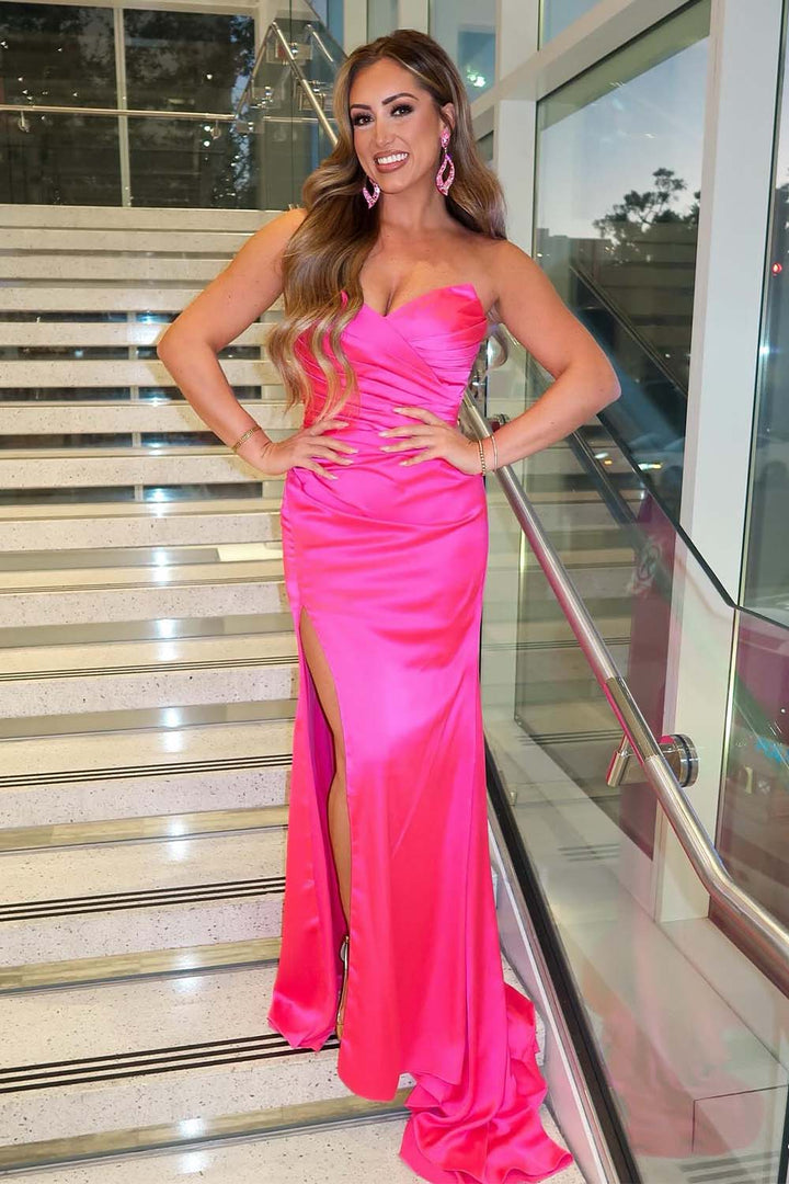 Bright Pink Strapless Prom Drss with Side Slit