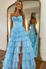 Load image into Gallery viewer, Strapless Corset Bodice Tiered Ruffle Prom Dress with Slit
