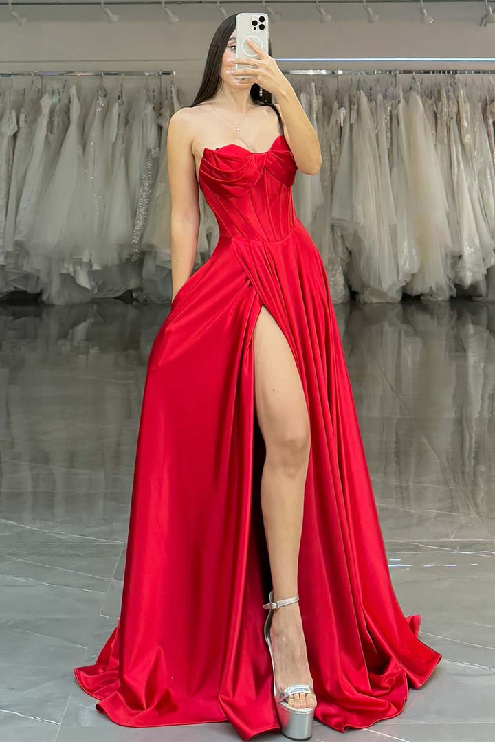 Strapless Hight Slit Corset Prom Gown