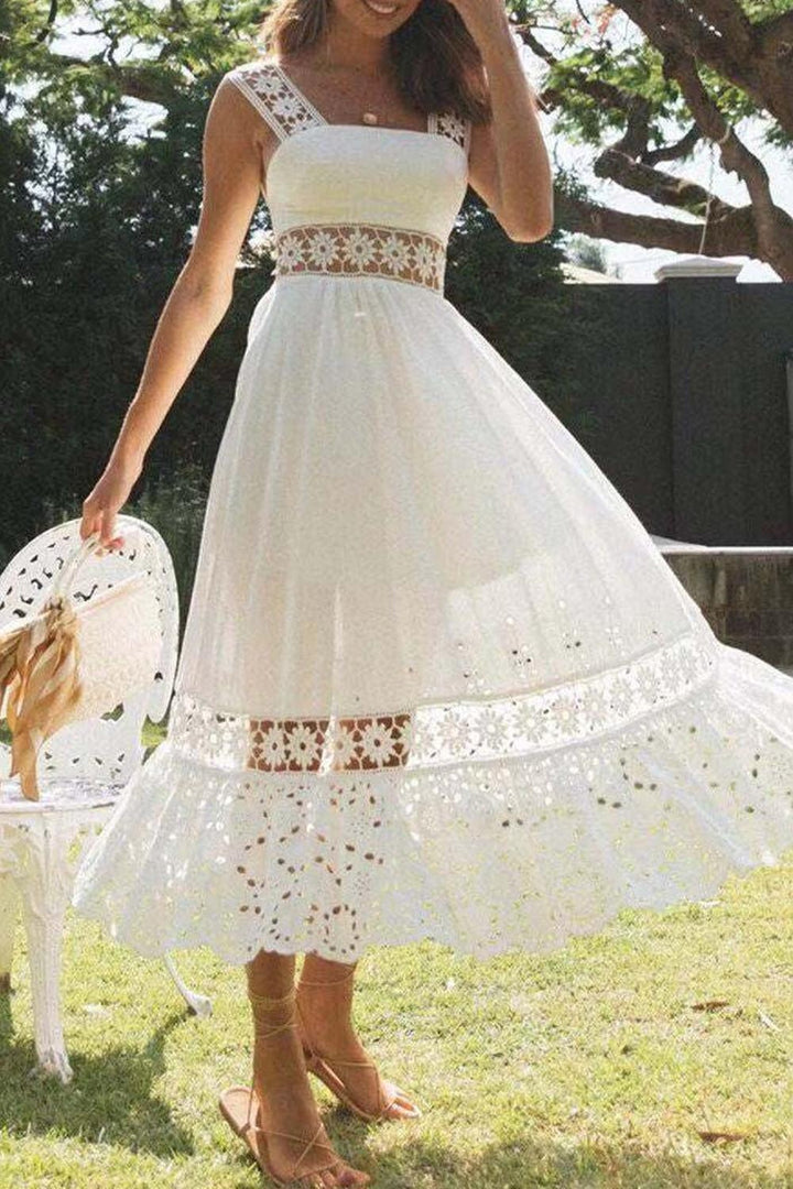 Lace Insert Ruffle White Dress