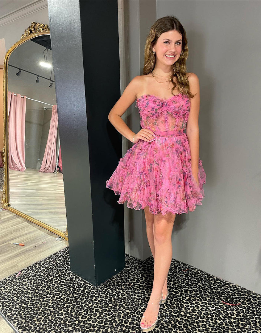 Tulle Sweetheart Floral Homecoming Dress with Ruffle