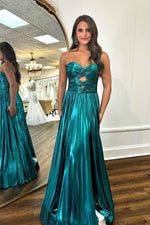 Load image into Gallery viewer, Pleated Metallic Strapless Prom Dress with Keyholes
