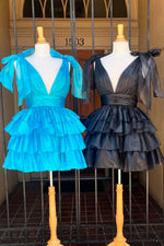 Load image into Gallery viewer, Tiered V Neck Homecoming Dress with Strap Bow
