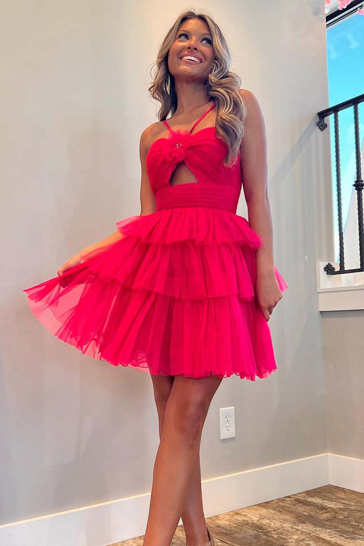 A-Line Tulle Halter Homecoming Dress with Keyhole