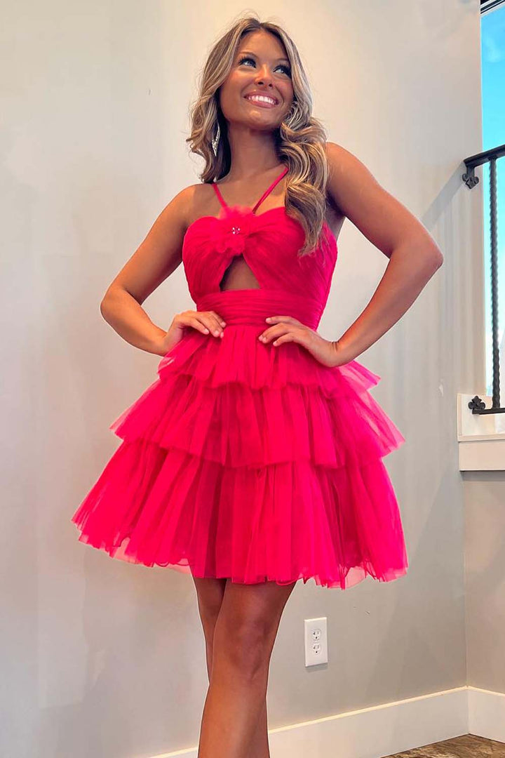 A-Line Tulle Halter Homecoming Dress with Keyhole