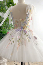 Load image into Gallery viewer, White Sheer Corset Bodice Homecoming Dress with Flowers
