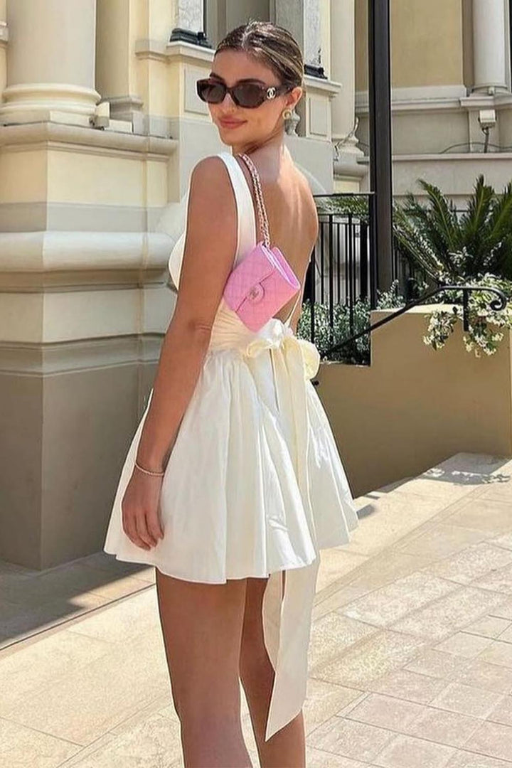 Square Neck Bare Back Bow Short White Dress