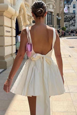 Load image into Gallery viewer, Square Neck Bare Back Bow Short White Dress
