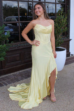 Load image into Gallery viewer, Strapless Corset Bodice Fitted Prom Dress with Ruffle Slit
