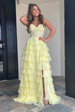 Load image into Gallery viewer, Strapless Lace Bodice Slit Prom Dress with Ruffle Skirt
