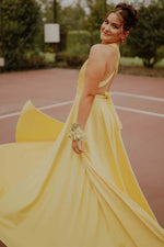 Load image into Gallery viewer, Deep V-neck Open Back Yellow Prom Dress
