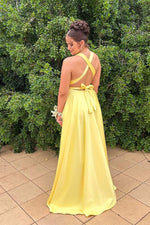 Load image into Gallery viewer, Deep V-neck Open Back Yellow Prom Dress
