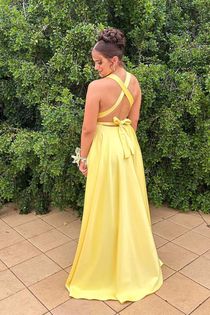 Deep V-neck Open Back Yellow Prom Dress