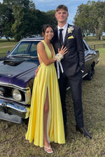 Load image into Gallery viewer, Deep V-neck Open Back Yellow Prom Dress
