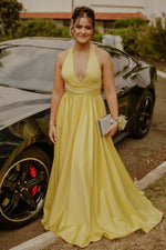 Load image into Gallery viewer, Deep V-neck Open Back Yellow Prom Dress
