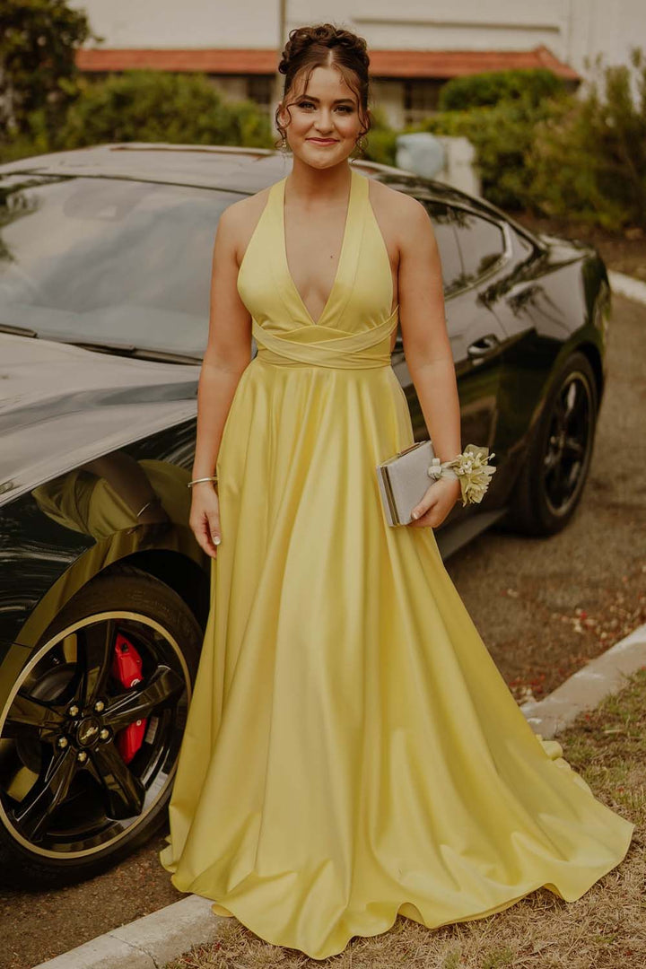 Deep V-neck Open Back Yellow Prom Dress