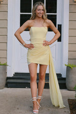 Load image into Gallery viewer, Yellow Mini Homecoming Dress with Flowing Sash
