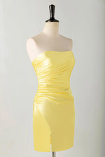 Load image into Gallery viewer, Strapless Satin Homecoming Dress with Slit
