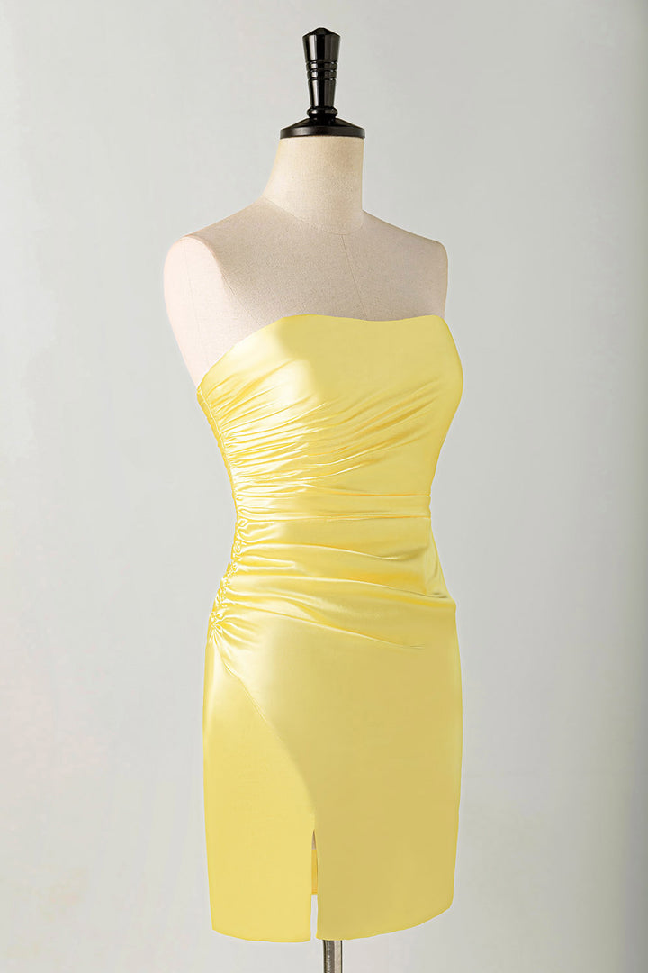 Strapless Satin Homecoming Dress with Slit