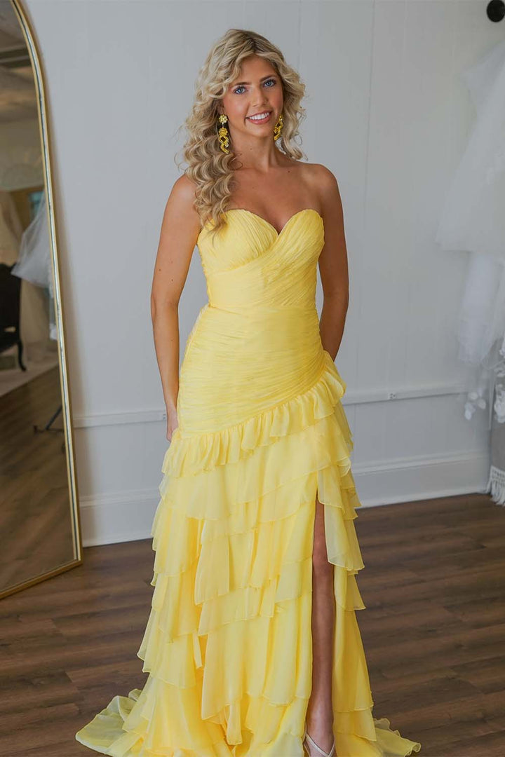 Sheath Sweetheart Ruffle Slit Prom Gown