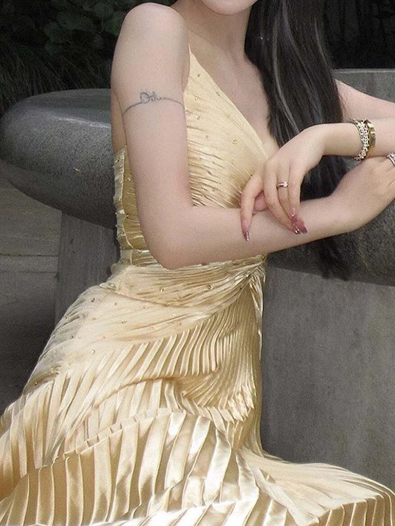 Gold Pleated Prom Dress