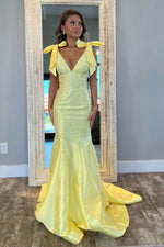 Load image into Gallery viewer, Yellow Beaded Prom Dress with Straps Bow
