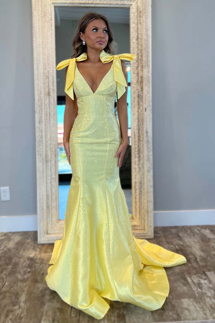 Yellow Beaded Prom Dress with Straps Bow