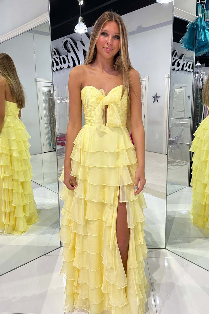 Yellow Chiffon Ruffle Tiered Prom Gown