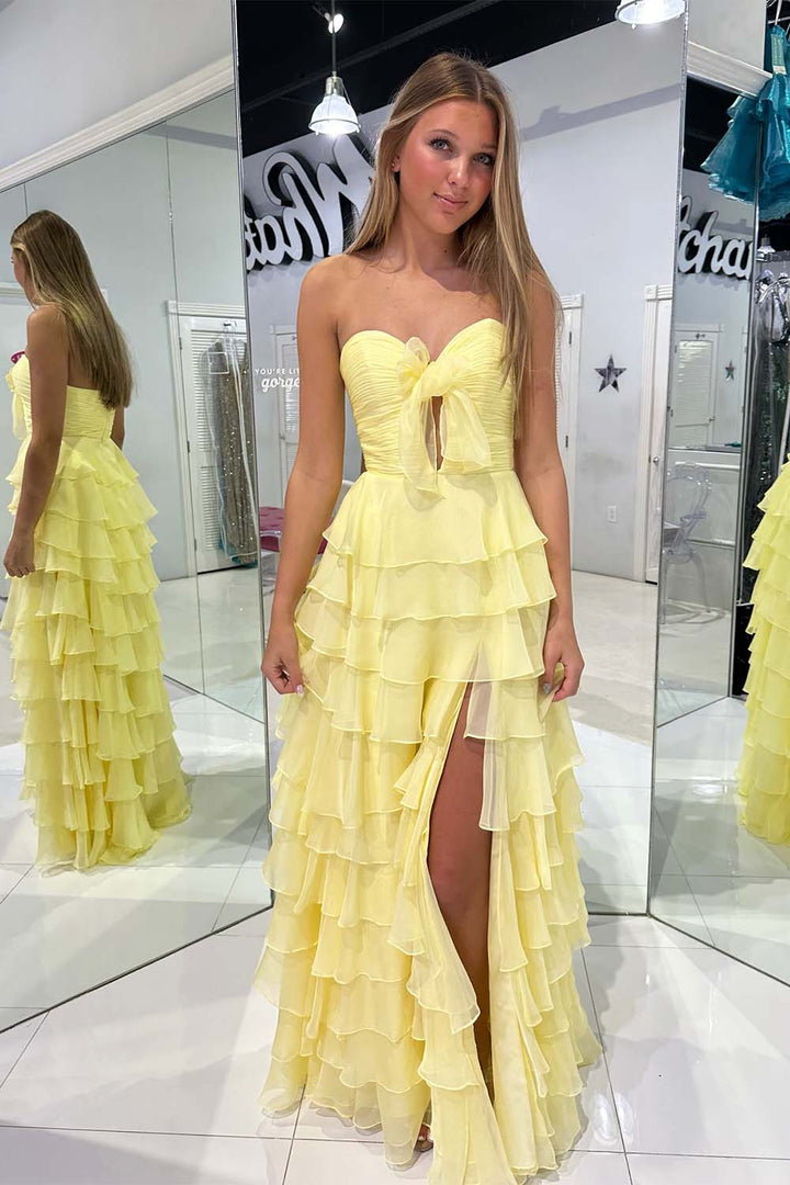 Yellow Chiffon Ruffle Tiered Prom Gown