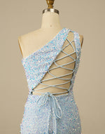 Load image into Gallery viewer, One Shoulder Tight Light Blue Homecoming Dress
