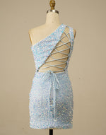 Load image into Gallery viewer, One Shoulder Tight Light Blue Homecoming Dress
