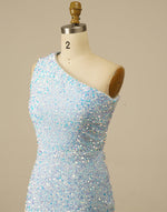 Load image into Gallery viewer, One Shoulder Tight Light Blue Homecoming Dress
