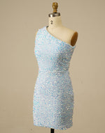 Load image into Gallery viewer, One Shoulder Tight Light Blue Homecoming Dress
