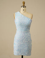 Load image into Gallery viewer, One Shoulder Tight Light Blue Homecoming Dress
