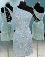 Load image into Gallery viewer, One Shoulder Tight Light Blue Homecoming Dress
