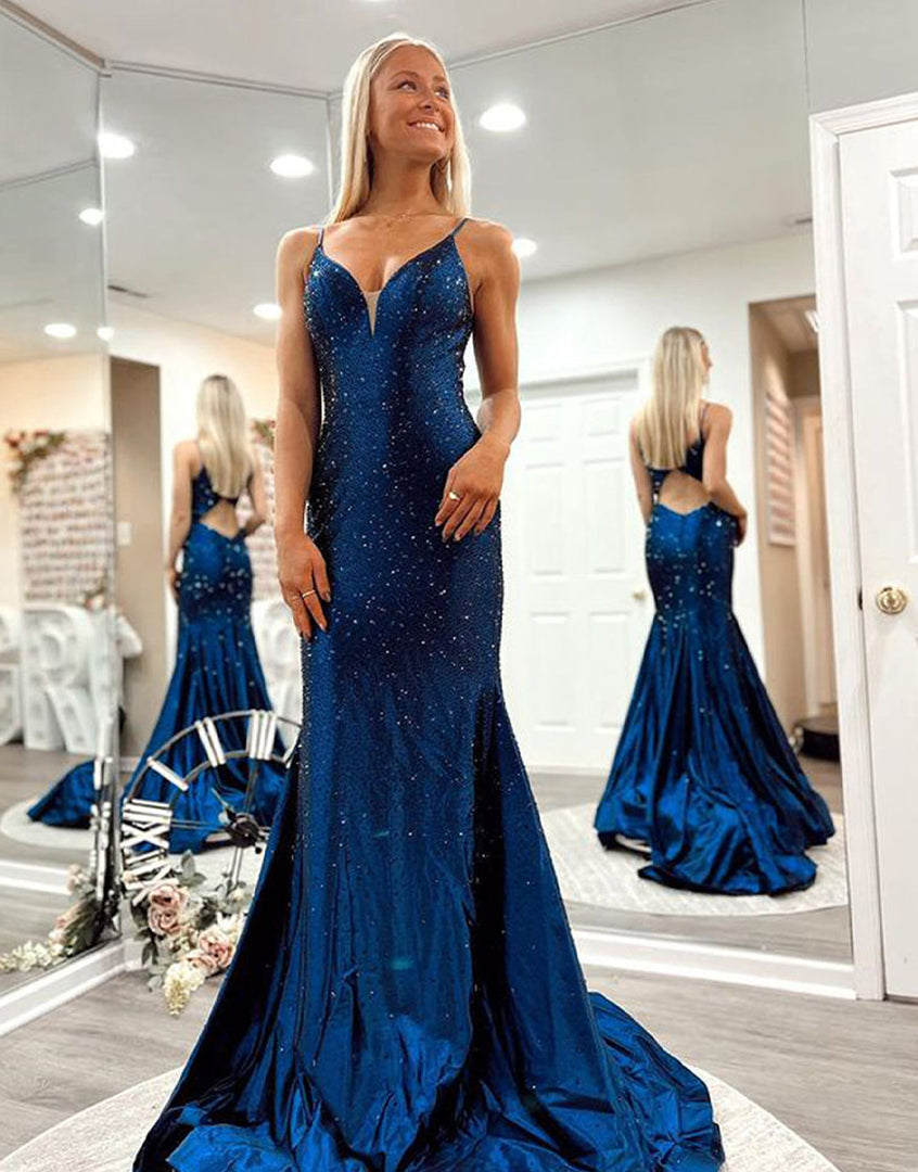 Mermaid V-neck Long Navy Blue Prom Dress