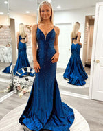 Load image into Gallery viewer, Mermaid V-neck Long Navy Blue Prom Dress
