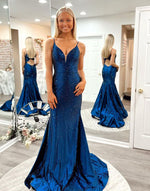 Load image into Gallery viewer, Mermaid V-neck Long Navy Blue Prom Dress
