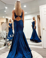 Load image into Gallery viewer, Mermaid V-neck Long Navy Blue Prom Dress
