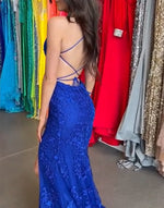 Load image into Gallery viewer, Mermaid Appliques Royal Blue Corset Prom Dress
