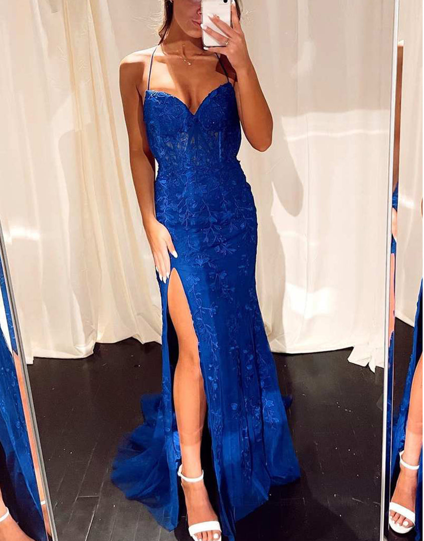 Mermaid Appliques Royal Blue Corset Prom Dress