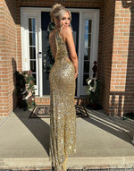 Load image into Gallery viewer, One Shoulder Gold Slit Prom Dress
