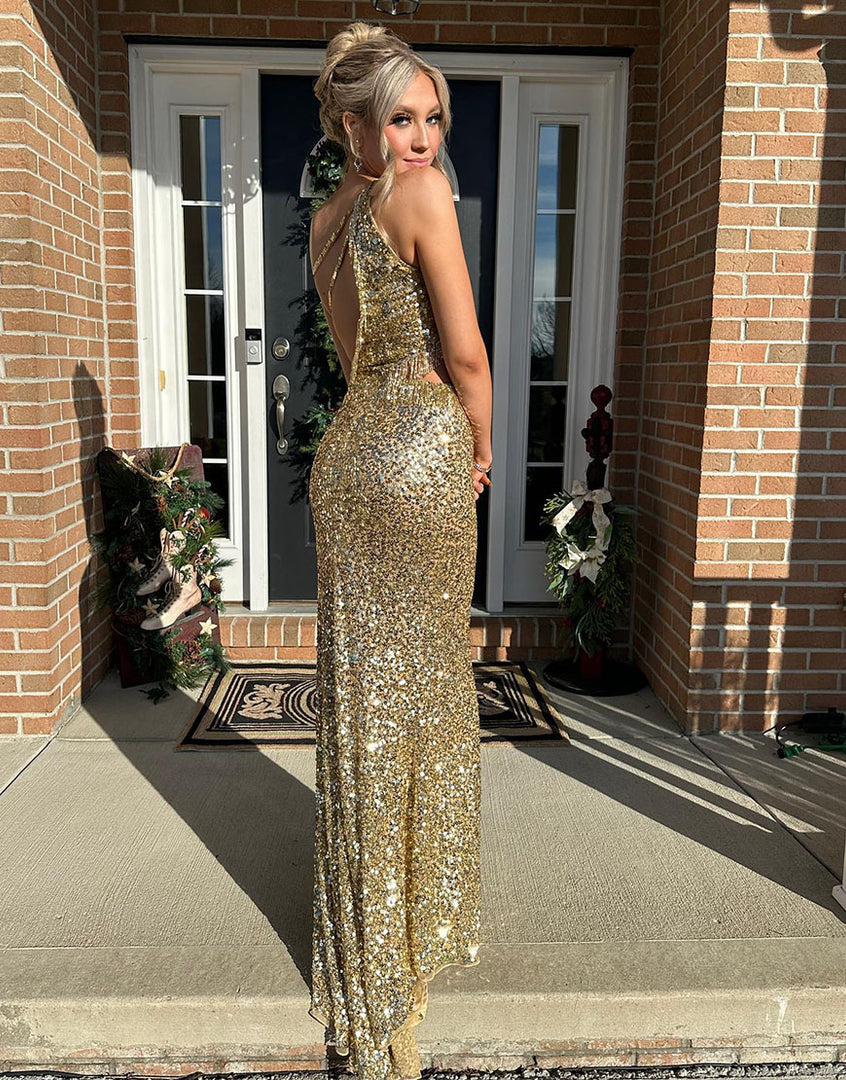 One Shoulder Gold Slit Prom Dress