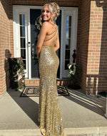 Load image into Gallery viewer, One Shoulder Gold Slit Prom Dress
