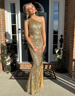 Load image into Gallery viewer, One Shoulder Gold Slit Prom Dress
