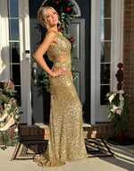 Load image into Gallery viewer, One Shoulder Gold Slit Prom Dress
