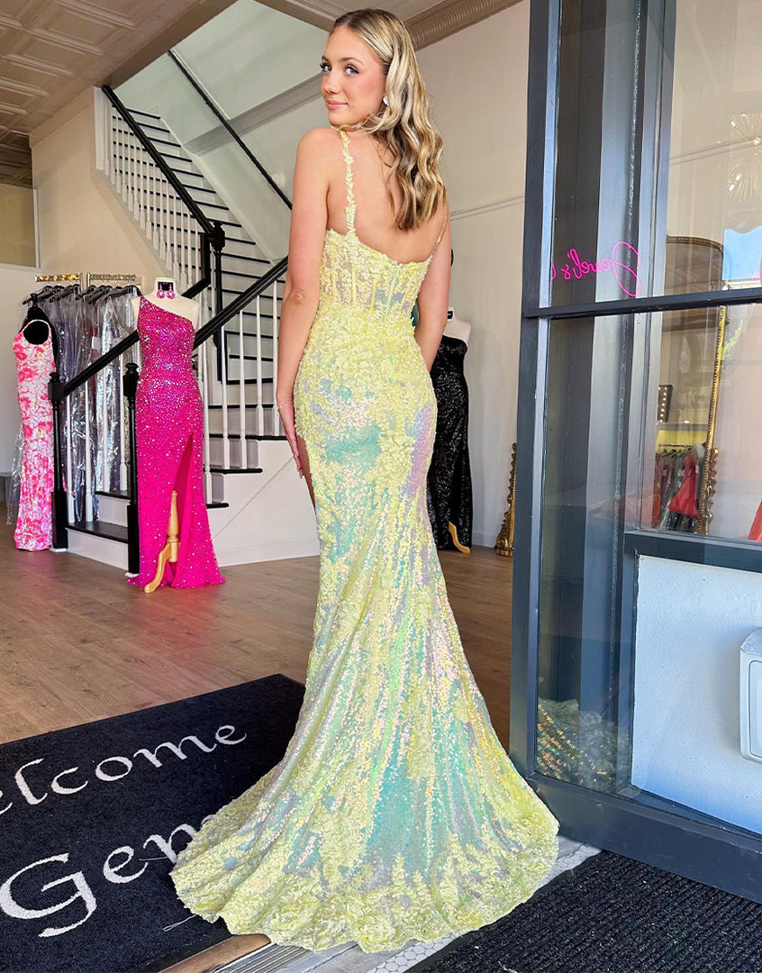 Sheath Yellow Long Slit Prom Dress